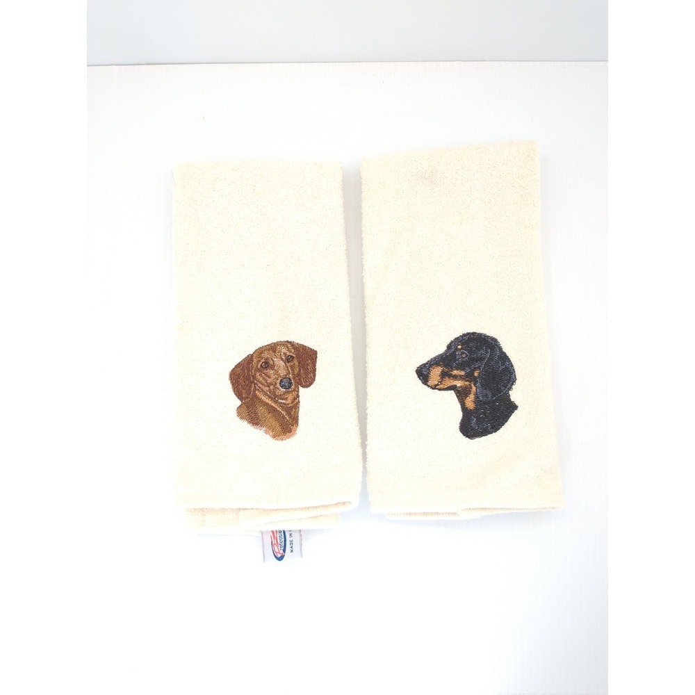 DACHSHUND CUTIE SET OF 2 HAND TOWELS EMBROIDERED Doxie Black Tan